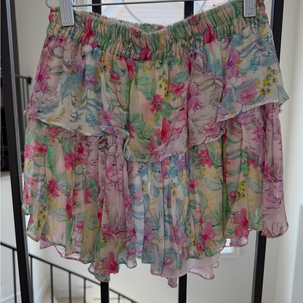 LoveShackFancy Pastel Floral Tiered Mini Skirt - Pink, Green, Blue